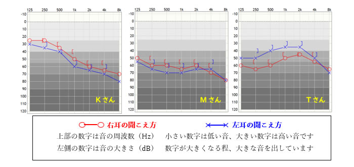 上部の数字は音の周波数（Hz）　小さい数字は低い音、大きい数字は高い音です。左側の数字は音の大きさ（dB）　数字が大きくなる程、大きな音を出しています